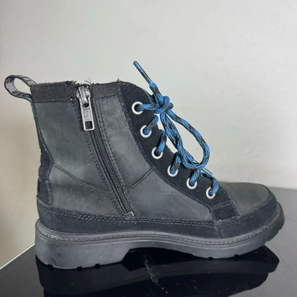 Ugg Robley Kids Waterproof Leather Boots Shoes 2 Black Blue Laces Zip Suede EUC